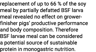 replacement of up to 66 % of the soy meal by partially defatted BSF larva meal revealed no effect on grower finisher ...