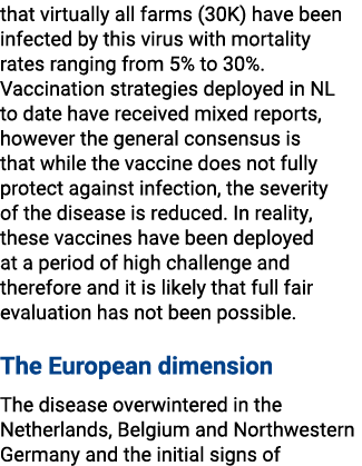 that virtually all farms (30K) have been infected by this virus with mortality rates ranging from 5% to 30%. Vaccinat...