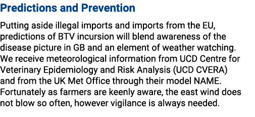 Predictions and Prevention Putting aside illegal imports and imports from the EU, predictions of BTV incursion will b...