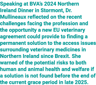 Speaking at BVA’s 2024 Northern Ireland Dinner in Stormont, Dr. Mullineaux reflected on the recent challenges facing ...