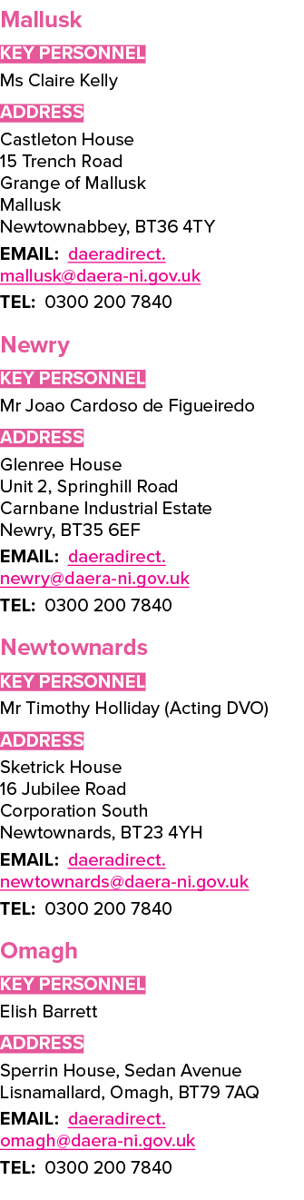 Mallusk Key Personnel Ms Claire Kelly ADDRESS Castleton House 15 Trench Road Grange of Mallusk Mallusk Newtownabbey, ...