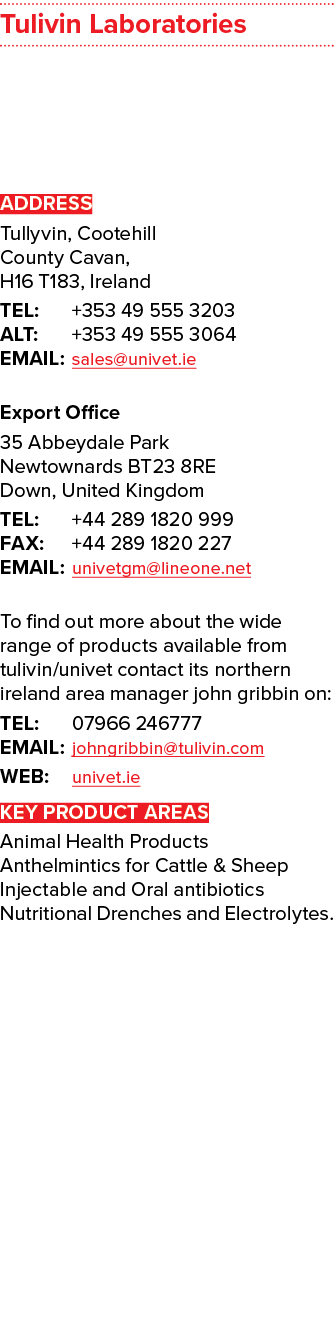 Tulivin Laboratories ADDRESS Tullyvin, Cootehill County Cavan, H16 T183, Ireland TEL: +353 49 555 3203 ALT: +353 49 5...