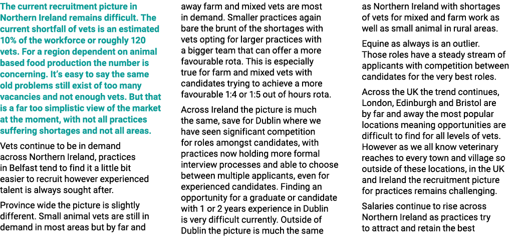 The current recruitment picture in Northern Ireland remains difficult. The current shortfall of vets is an estimated ...