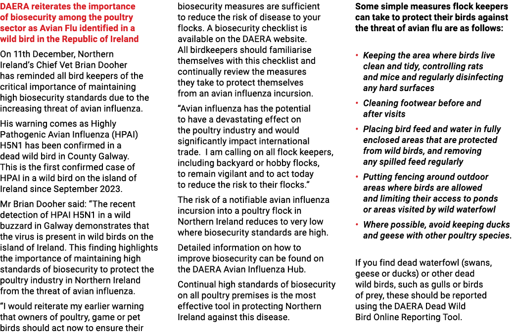 DAERA reiterates the importance of biosecurity among the poultry sector as Avian Flu identified in a wild bird in the...