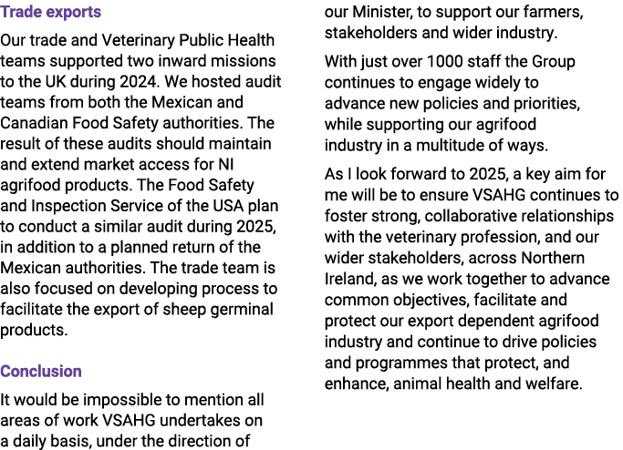 Trade exports Our trade and Veterinary Public Health teams supported two inward missions to the UK during 2024. We ho...