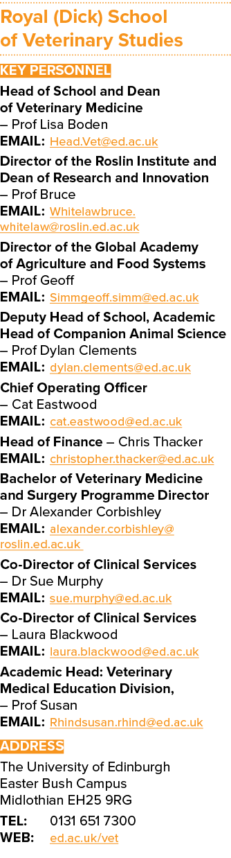 Royal (Dick) School of Veterinary Studies Key Personnel Head of School and Dean of Veterinary Medicine – Prof Lisa Bo...