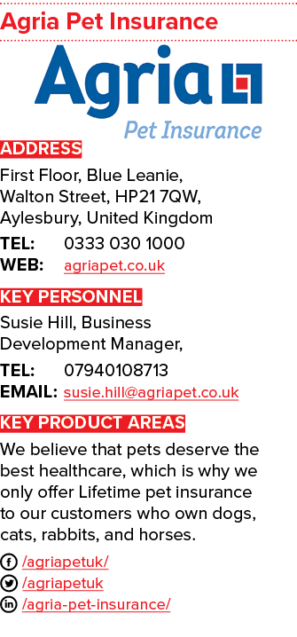 Agria Pet Insurance ￼ ADDRESS First Floor, Blue Leanie, Walton Street, HP21 7QW, Aylesbury, United Kingdom TEL: 0333 ...