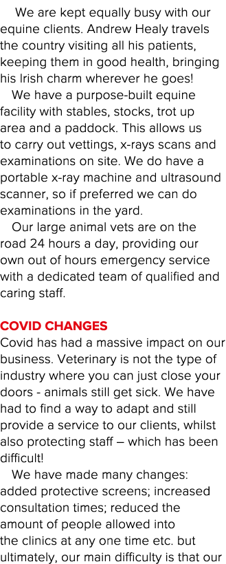  We are kept equally busy with our equine clients  Andrew Healy travels the country visiting all his patients, keepin   