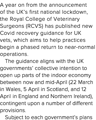 A year on from the announcement of the UK s first national lockdown, the Royal College of Veterinary Surgeons (RCVS)    