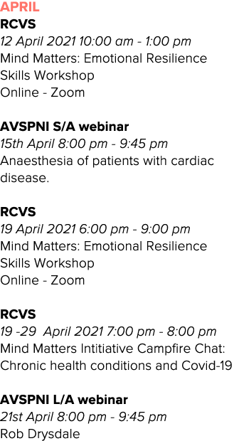 April RCVS 12 April 2021 10:00 am - 1:00 pm Mind Matters: Emotional Resilience Skills Workshop Online - Zoom AVSPNI S   