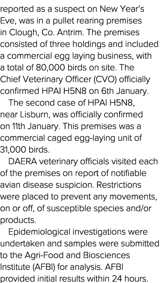 reported as a suspect on New Year s Eve, was in a pullet rearing premises in Clough, Co  Antrim  The premises consist   