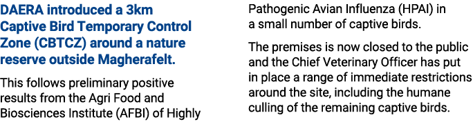 DAERA introduced a 3km Captive Bird Temporary Control Zone (CBTCZ) around a nature reserve outside Magherafelt. This ...