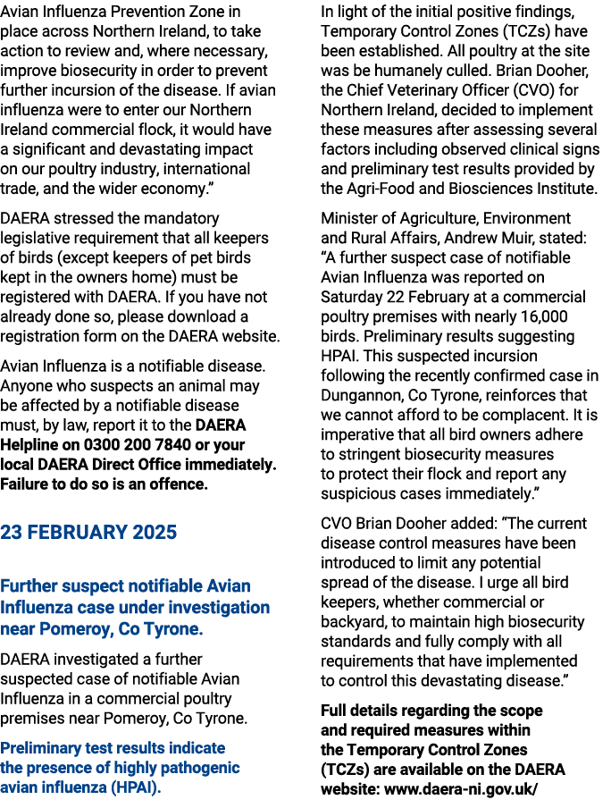 Avian Influenza Prevention Zone in place across Northern Ireland, to take action to review and, where necessary, impr...