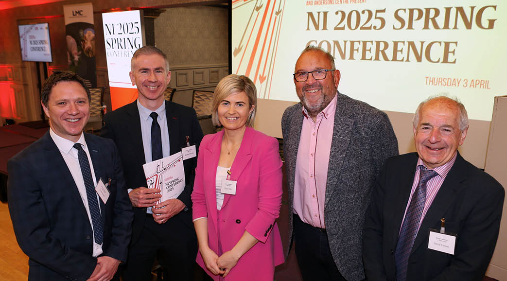 Colin Smith ,LMC, Michael Haverty, Andersons Centre, with LMC board members, Elaine Willis, David Mark and David Torrens at the NI 2025 Spring Conference in Cookstown, Co Tyrone. \ Peter Houston