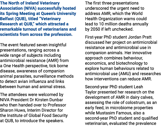 The North of Ireland Veterinary Association (NIVA) successfully hosted its Spring Meeting at Queen’s University Belfa...