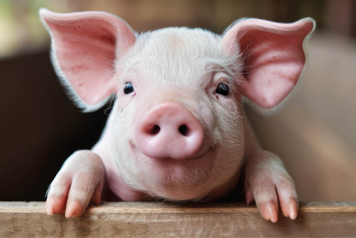 Adorable piglet peeking over a wooden fence.