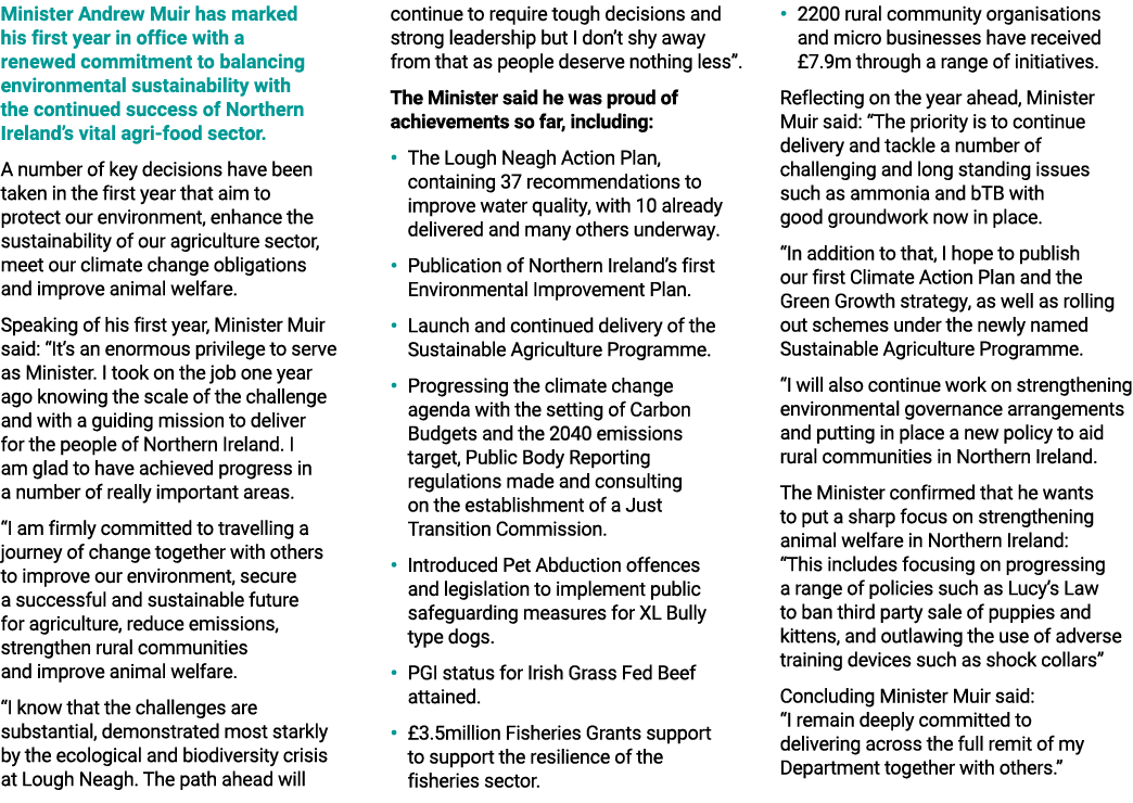 Minister Andrew Muir has marked his first year in office with a renewed commitment to balancing environmental sustain...