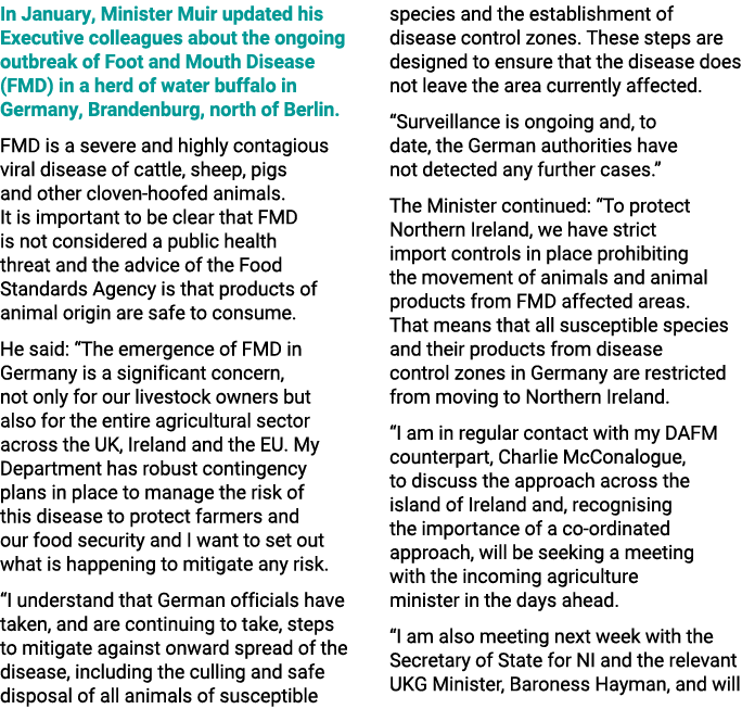 In January, Minister Muir updated his Executive colleagues about the ongoing outbreak of Foot and Mouth Disease (FMD)...