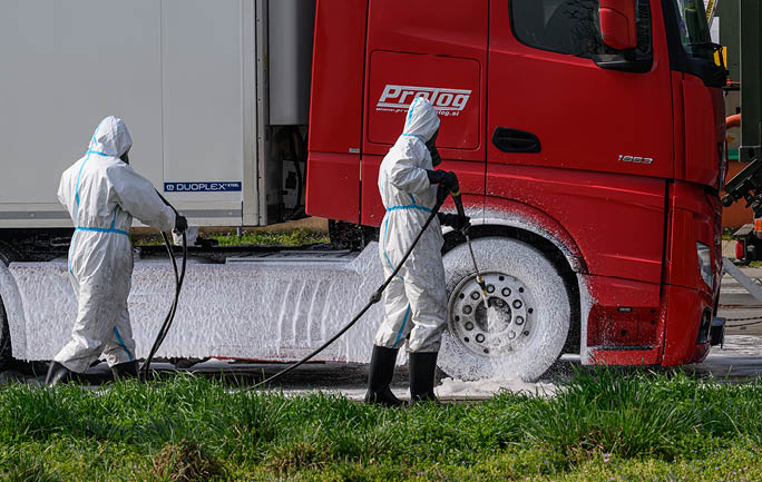 Rajka, Slovakia - 03.27.2025 - Austrian teams disinfecting vehicles arriving in Slovakia from Hungary at the Rusovce - Rajka border crossing  to prevent foot-and-mouth disease. 