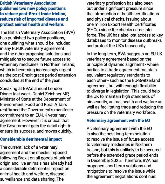 British Veterinary Association publishes two new policy positions to reduce post Brexit trade friction, reduce risk o...