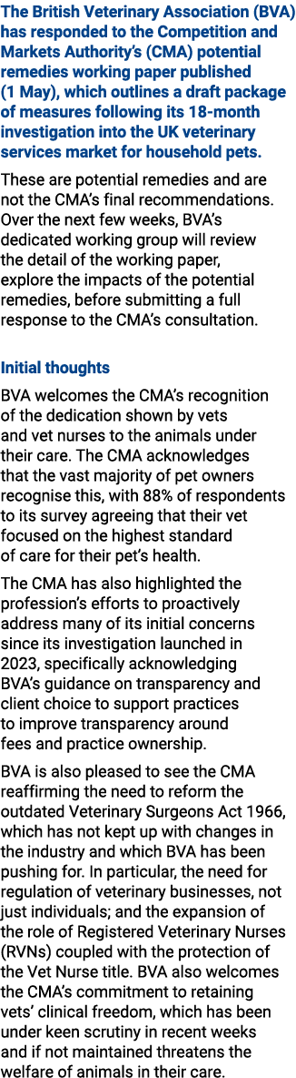 The British Veterinary Association (BVA) has responded to the Competition and Markets Authority’s (CMA) potential rem...