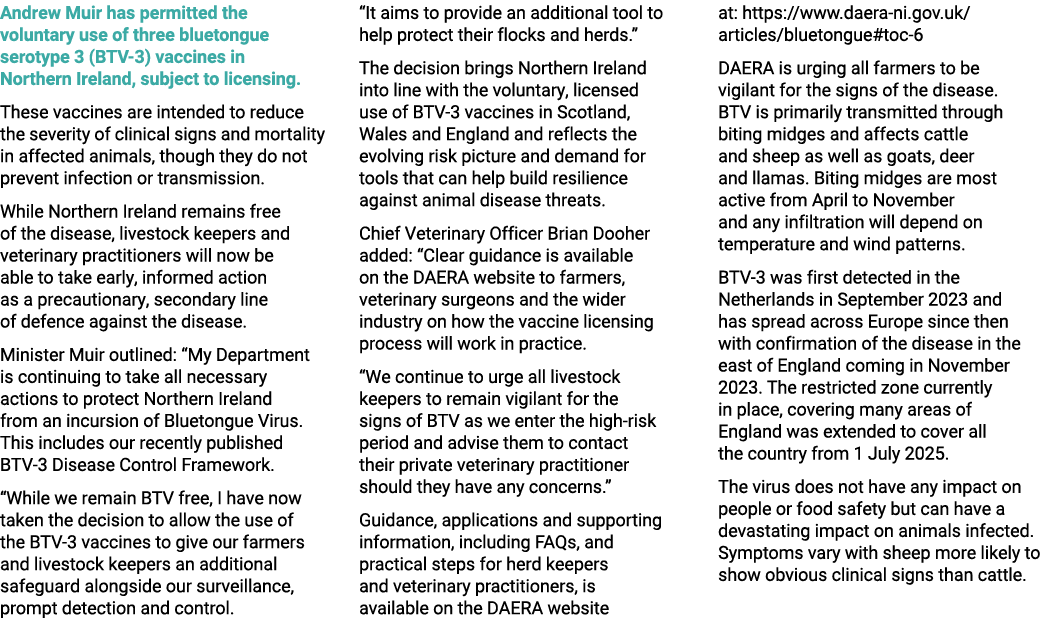 Andrew Muir has permitted the voluntary use of three bluetongue serotype 3 (BTV 3) vaccines in Northern Ireland, subj...