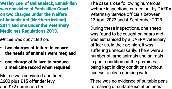 Wesley Lee of Bellanaleck, Enniskillen was convicted at Enniskillen Court on two charges under the Welfare of Animals...