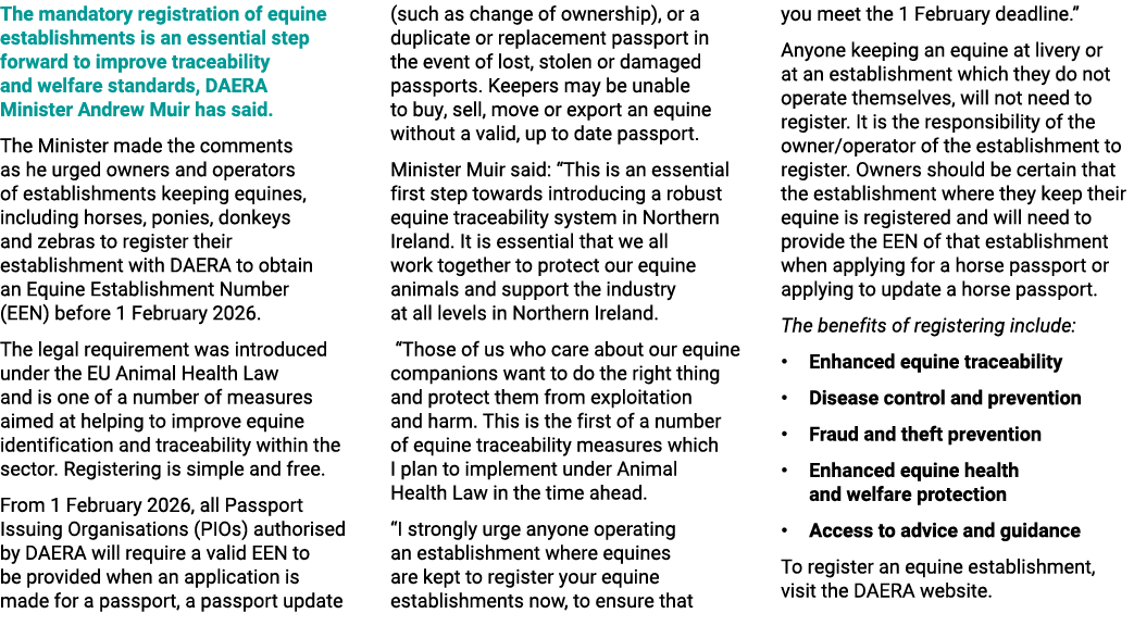 The mandatory registration of equine establishments is an essential step forward to improve traceability and welfare ...