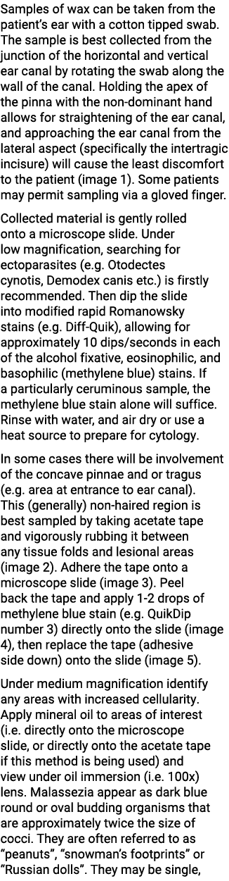 Samples of wax can be taken from the patient’s ear with a cotton tipped swab. The sample is best collected from the j...