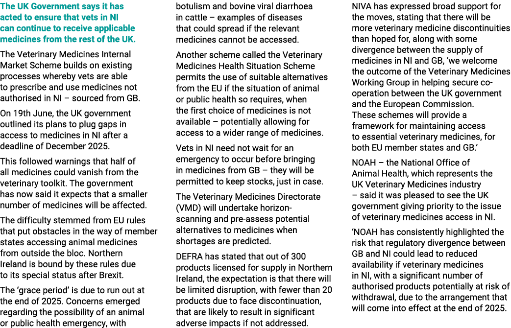 The UK Government says it has acted to ensure that vets in NI can continue to receive applicable medicines from the r...