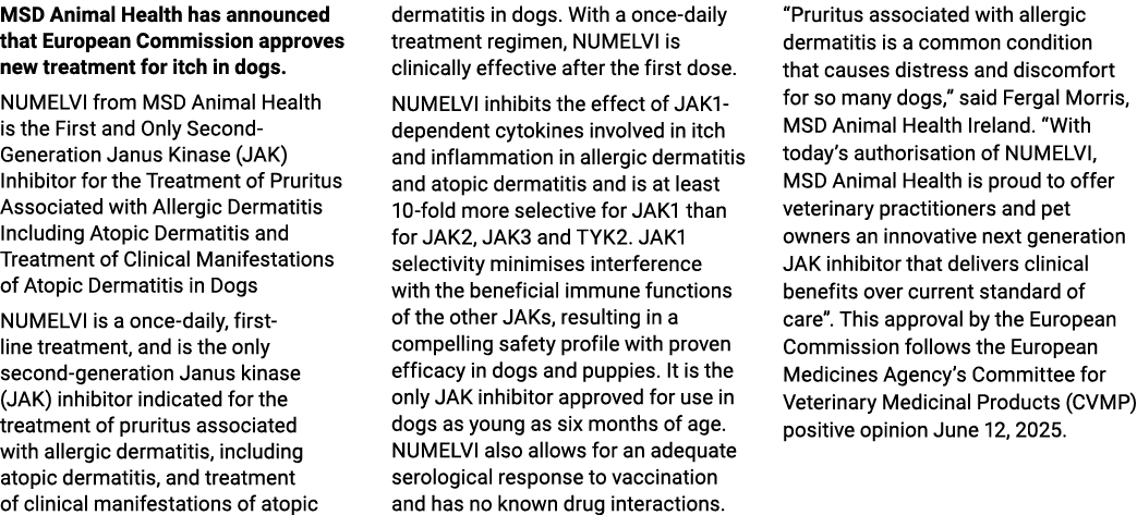 MSD Animal Health has announced that European Commission approves new treatment for itch in dogs. NUMELVI from MSD An...