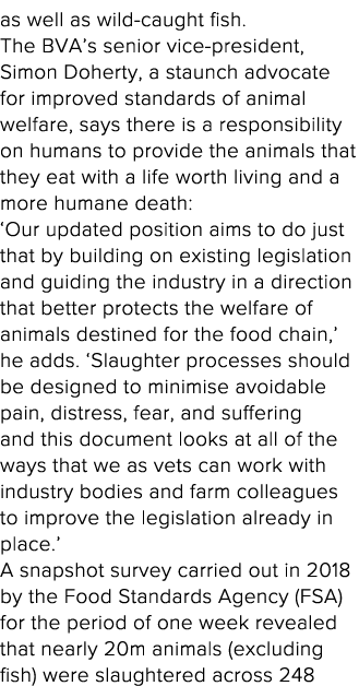 as well as wild-caught fish  The BVA s senior vice-president, Simon Doherty, a staunch advocate for improved standard   