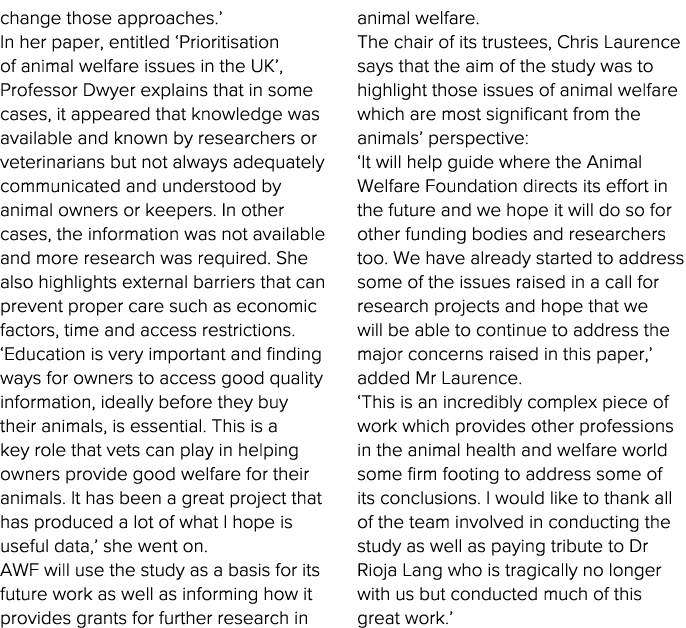 change those approaches   In her paper, entitled  Prioritisation of animal welfare issues in the UK , Professor Dwyer   