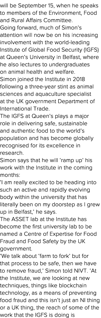 will be September 15, when he speaks to members of the Environment, Food and Rural Affairs Committee  Going forward,    