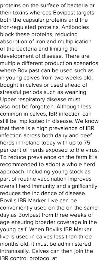 proteins on the surface of bacteria or their toxins whereas Bovipast targets both the capsular proteins and the iron-   