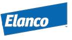 The logo features the word “Elanco" in bold white letters on a blue trapezoidal background. Description generated by AI