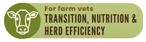 The image features two sections with icons and text highlighting topics for vets, one for farm vets focusing on transition, nutrition, and herd efficiency with a cow icon, and another for small animal vets addressing immune mediated disease and blood transfusions with a dog icon. Description generated by AI
