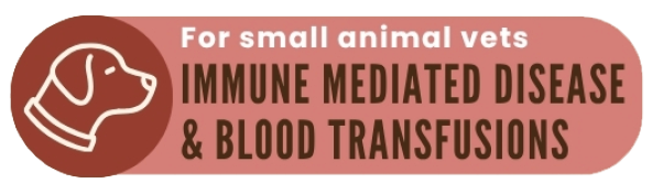 The image features two sections with icons and text highlighting topics for vets, one for farm vets focusing on transition, nutrition, and herd efficiency with a cow icon, and another for small animal vets addressing immune mediated disease and blood transfusions with a dog icon. Description generated by AI