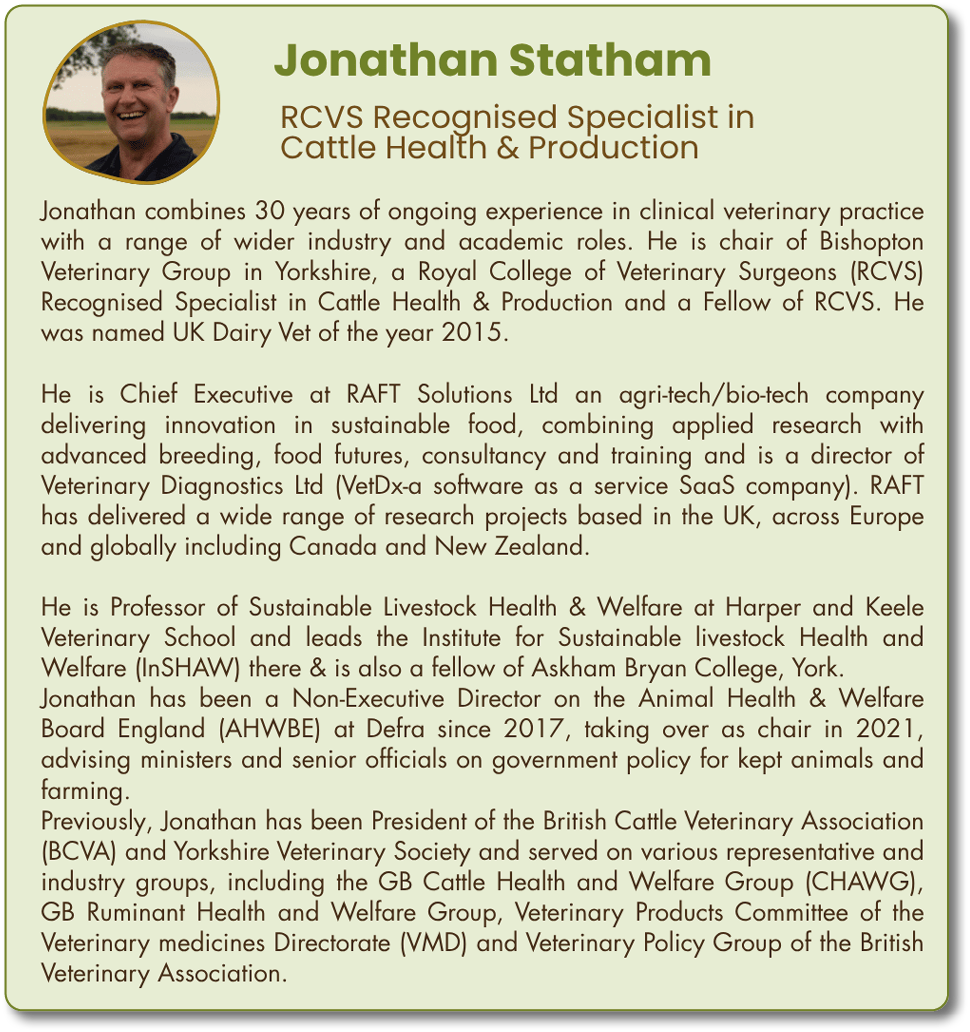 A conference flyer displays biographies of two guest speakers, John Cook and Jonathan Statham, highlighting their expertise in cattle health, production, nutrition, and veterinary practice, with a green and brown color scheme and text emphasizing transition, nutrition, and herd efficiency. Description generated by AI