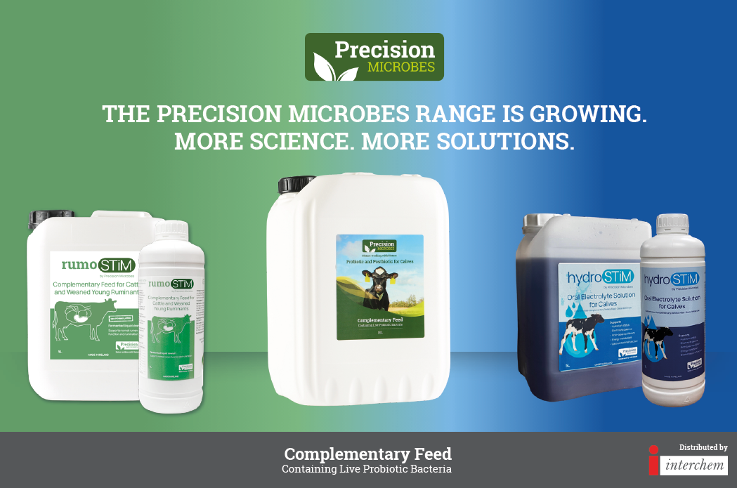 Three containers of animal health products for calves are displayed against a green and blue gradient background with the text about the Precision Microbes range growing and offering more science and solutions. Description generated by AI