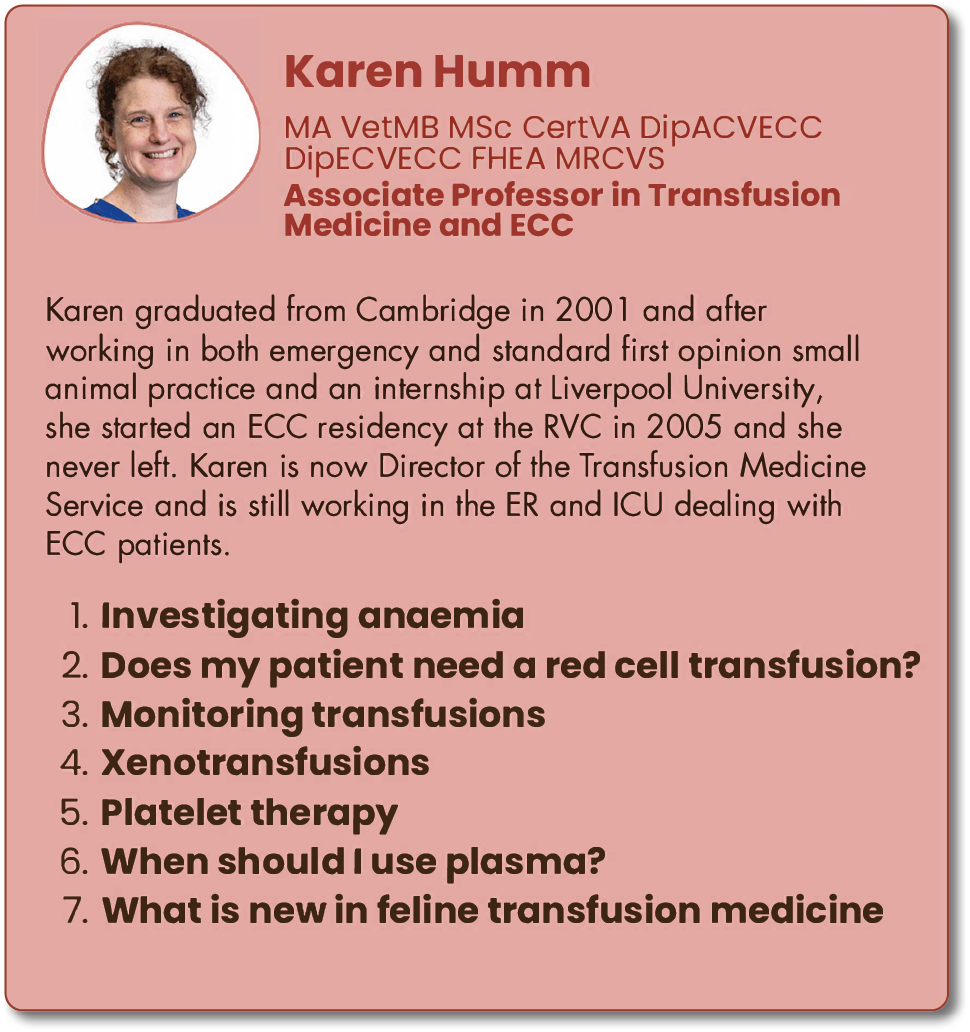 A professional profile of Karen Humm, an associate professor in transfusion medicine and ECC, detailing education, career background, and key topics in transfusion medicine. Description generated by AI