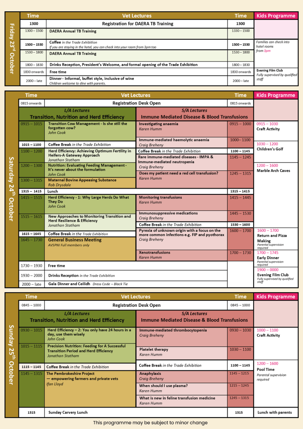A detailed three-day conference schedule with sessions on topics like digital transformation, leadership, and innovation, organized by time and room, featuring keynote speakers, workshops, and networking events. Description generated by AI