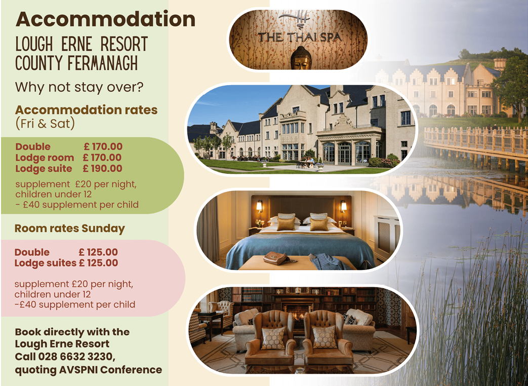 A promotional flyer for Lough Erne Resort in County Fermanagh showing accommodation options, room interiors, and contact information for booking. Description generated by AI