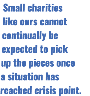 Small charities like ours cannot continually be expected to pick up the pieces once a situation has reached crisis po...
