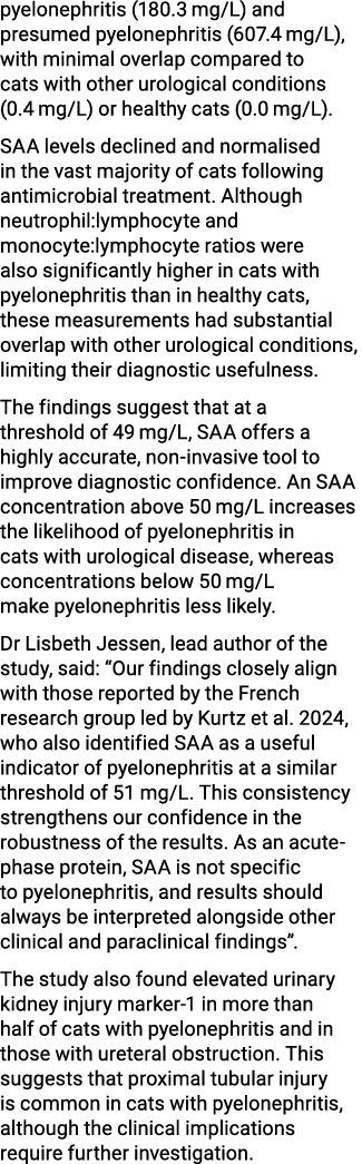 pyelonephritis (180.3 mg/L) and presumed pyelonephritis (607.4 mg/L), with minimal overlap compared to cats with othe...