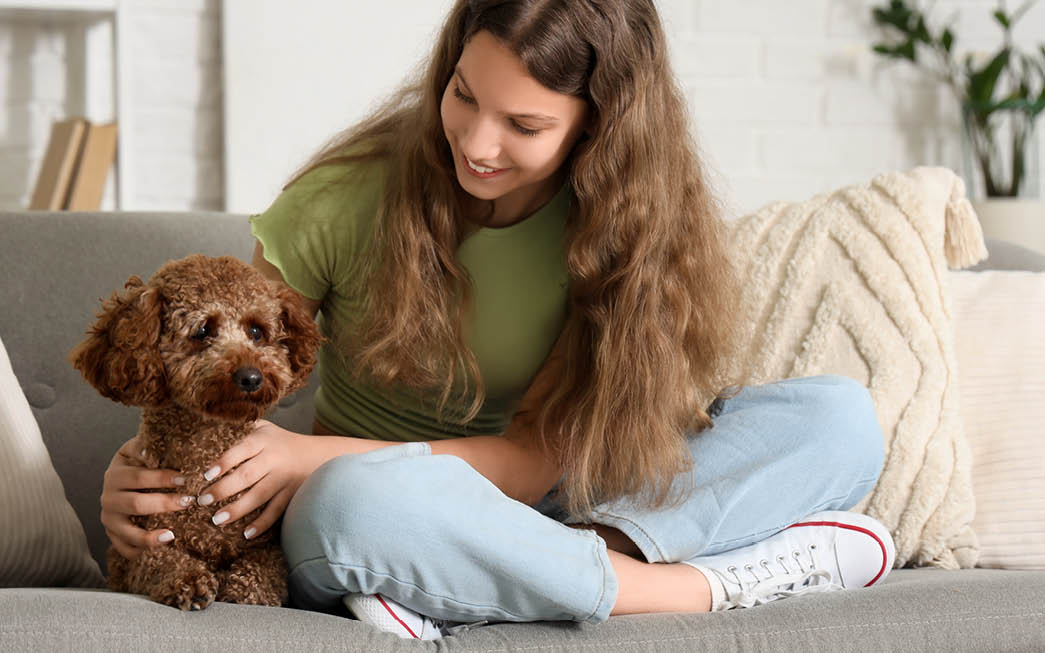 A person with long wavy hair wearing a green shirt and light blue jeans sits cross-legged on a gray couch while smiling and holding a small brown curly-haired dog. Description generated by AI