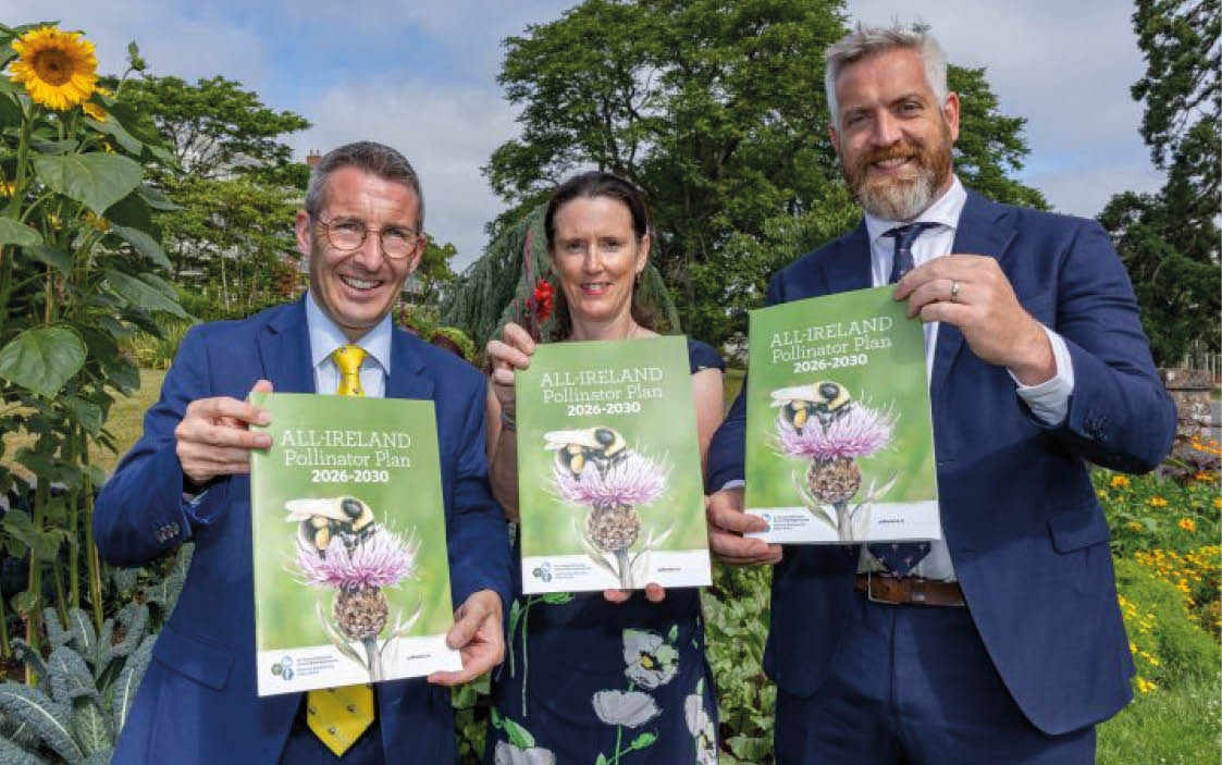 Three adults dressed in formal attire stand outdoors holding up green posters promoting the All-Ireland Pollinator Plan against a backdrop of sunflowers and trees. Description generated by AI