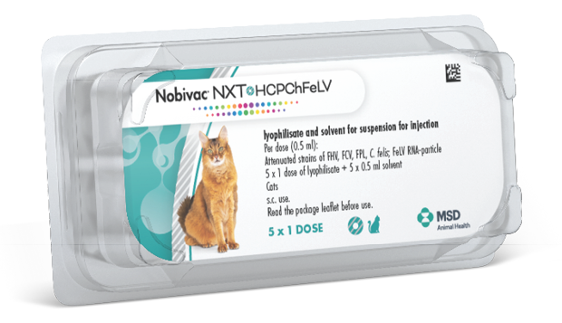 A blister pack labeled Nabivac NXT with an image of a cat, indicating it is a vaccine for cats. Description generated by AI