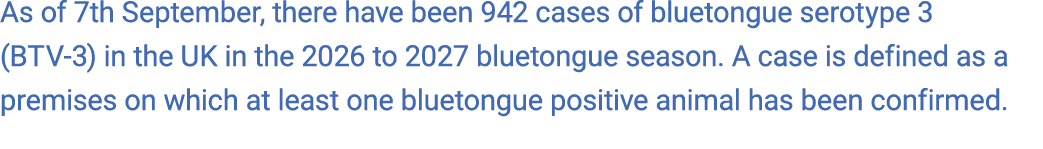 As of 7th September, there have been 942 cases of bluetongue serotype 3 (BTV 3) in the UK in the 2026 to 2027 blueton...