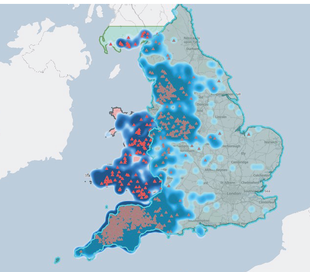 A heatmap over a map of England and Wales showing higher concentrations of data points in the western and southwestern regions. Description generated by AI